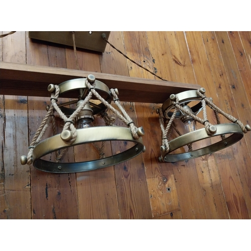 366 - Nautical brushed brass and wooden hanging light {46 cm H x 100 cm W x 25 cm D}.