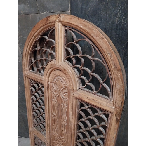 38 - Indian hardwood wall panel with cast iron centres {136 cm H x 74 cm W x 5 cm D}.