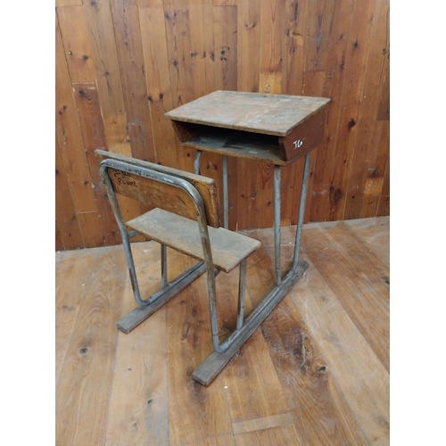 380 - 1950s oak and tubular metal school desk {86 cm H x 58 cm W x 77 cm D}.