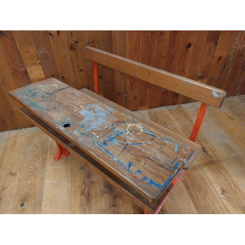 383 - 1950s pitch pine and cast iron double adjustable school desk {74 cm H x 102 cm W x 65 cm D}.