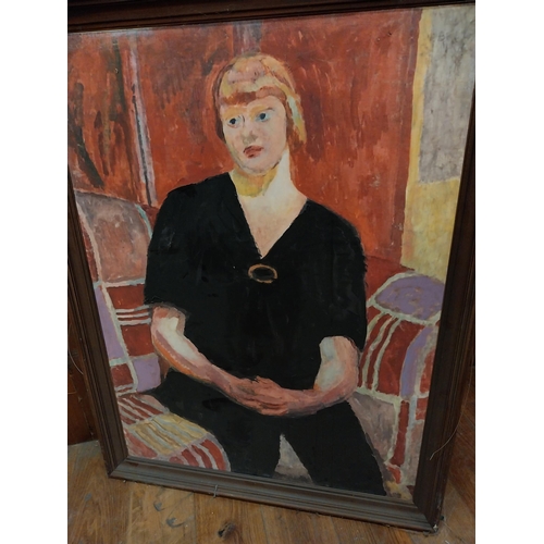 385 - Oleograph Portrait of a Lady mounted in stained pine frame {134 cm H x 103 cm W x 5 cm D}.