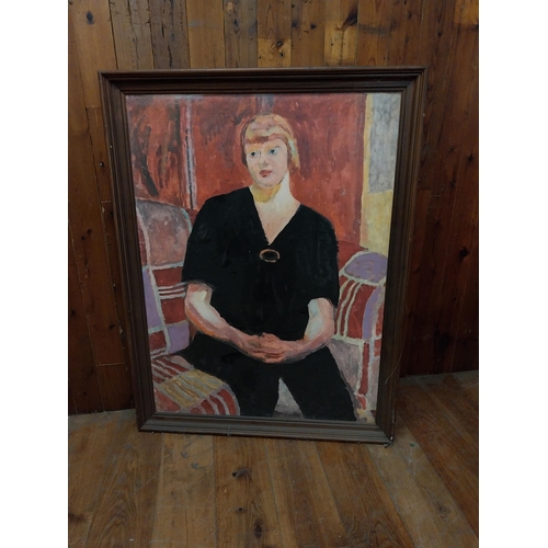 385 - Oleograph Portrait of a Lady mounted in stained pine frame {134 cm H x 103 cm W x 5 cm D}.