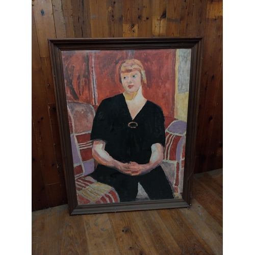 385 - Oleograph Portrait of a Lady mounted in stained pine frame {134 cm H x 103 cm W x 5 cm D}.