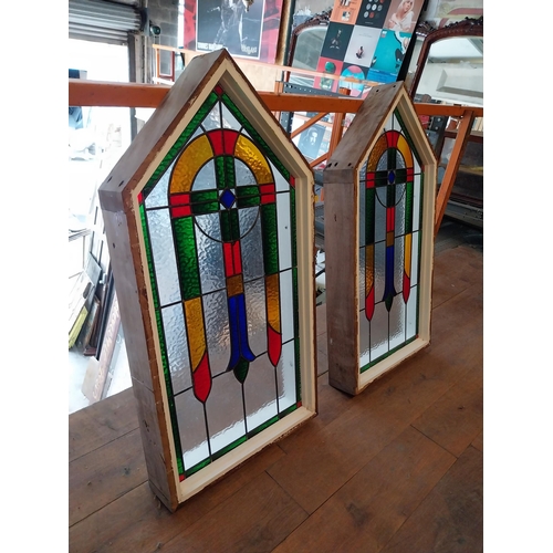 392 - Pair of good quality leaded stained glass windows mounted in painted mahogany frames {120 cm H x 60 ... 