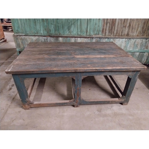 393 - Good quality painted ironwood Kitchen table raised on square legs and stretchers {76 cm H x 182 cm W... 