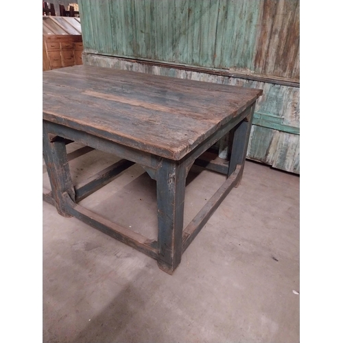 393 - Good quality painted ironwood Kitchen table raised on square legs and stretchers {76 cm H x 182 cm W... 