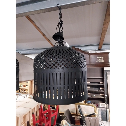 396 - Good quality painted wrought iron bird cage hanging shade {Drop 102 cm H x 57 cm W x 57 cm D}.