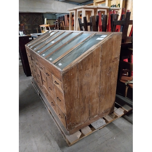 398 - Good quality early 20th C. hardwood shop cabinet with twenty-one bank of drawers {103 cm H x 191 cm ... 