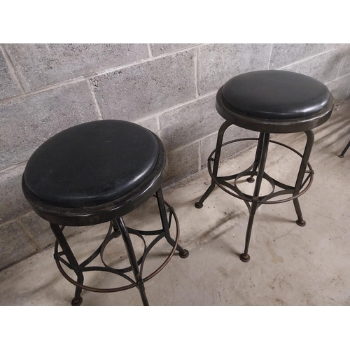 419 - Pair of industrial metal bar - pub stools with leather upholstered seats {61 cm H x 49 cm W x 49 cm ... 