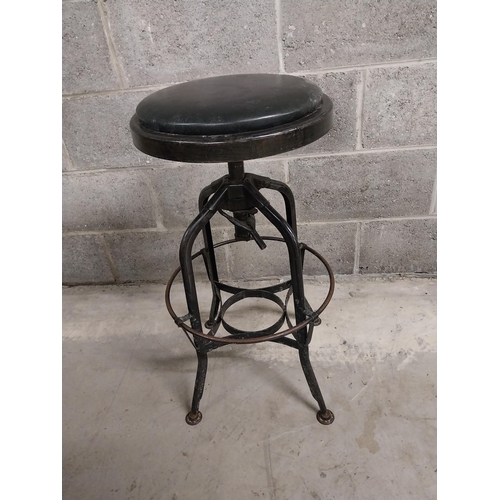 419 - Pair of industrial metal bar - pub stools with leather upholstered seats {61 cm H x 49 cm W x 49 cm ... 