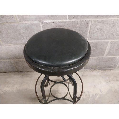 419 - Pair of industrial metal bar - pub stools with leather upholstered seats {61 cm H x 49 cm W x 49 cm ... 