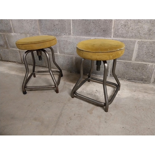 425 - Pair of industrial metal bar - pub stools with crushed velvet upholstered seats {50 cm H x 37 cm W x... 