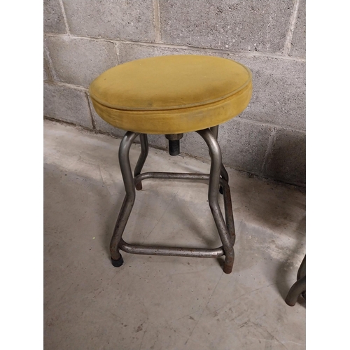 425 - Pair of industrial metal bar - pub stools with crushed velvet upholstered seats {50 cm H x 37 cm W x... 