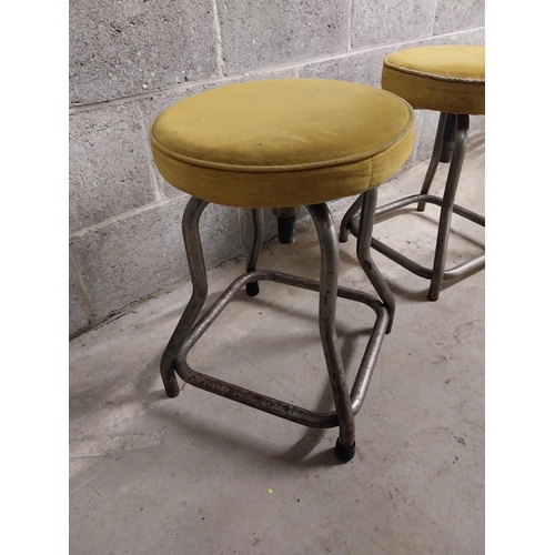 425 - Pair of industrial metal bar - pub stools with crushed velvet upholstered seats {50 cm H x 37 cm W x... 