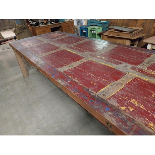 45 - Good quality painted ironwood kitchen table raised on square legs {80 cm H x 300 cm W x 120 cm D}.