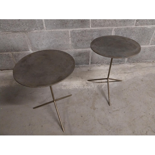 454 - Pair of brass wine tables raised column and three outswept legs {61 cm H x 36 cm W x 36 cm D}.