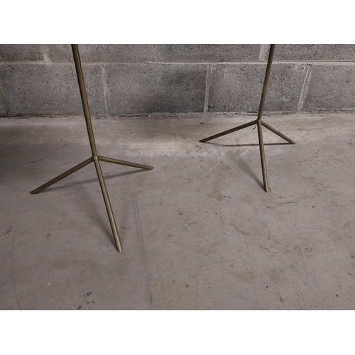 454 - Pair of brass wine tables raised column and three outswept legs {61 cm H x 36 cm W x 36 cm D}.