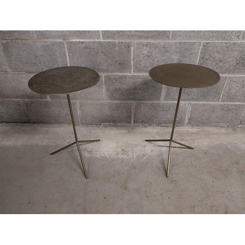 454 - Pair of brass wine tables raised column and three outswept legs {61 cm H x 36 cm W x 36 cm D}.