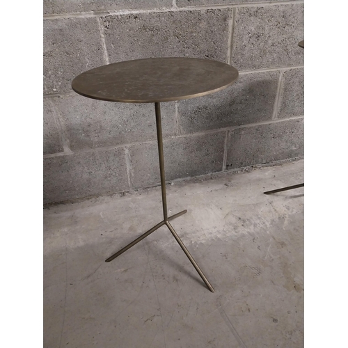 454 - Pair of brass wine tables raised column and three outswept legs {61 cm H x 36 cm W x 36 cm D}.