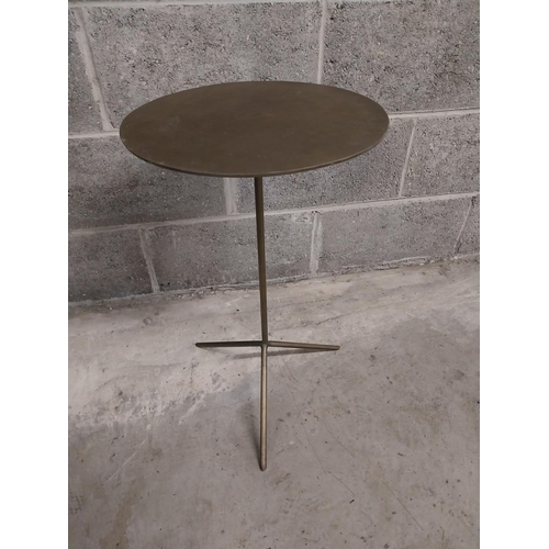 454 - Pair of brass wine tables raised column and three outswept legs {61 cm H x 36 cm W x 36 cm D}.