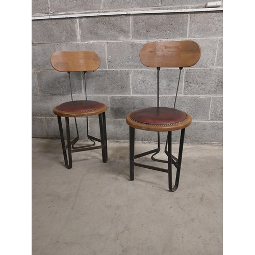 455 - Pair of bar - pub chairs with oak and leather upholstered seats on wrought iron bases {86 cm H x 40 ... 