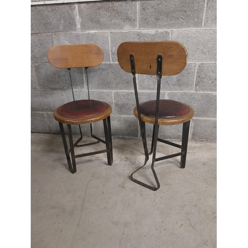 456 - Pair of bar - pub chairs with oak and leather upholstered seats on wrought iron bases {86 cm H x 40 ... 