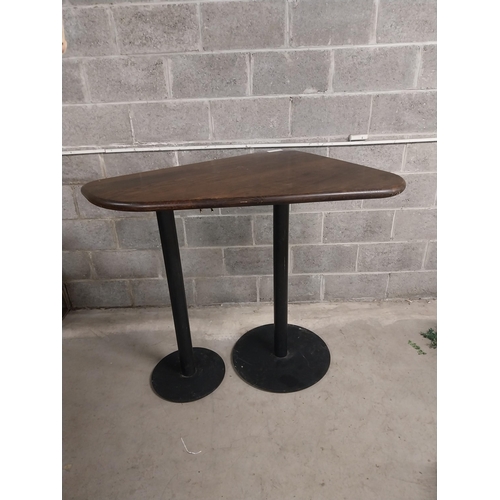 461 - Good quality high bar - pub table with solid wooden top on double metal base {110 cm H x 136 cm W x ... 