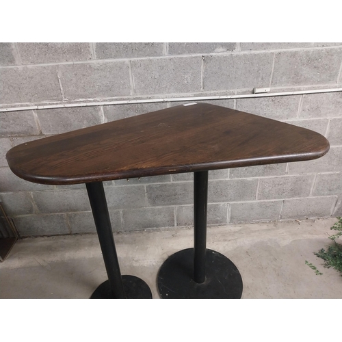 461 - Good quality high bar - pub table with solid wooden top on double metal base {110 cm H x 136 cm W x ... 