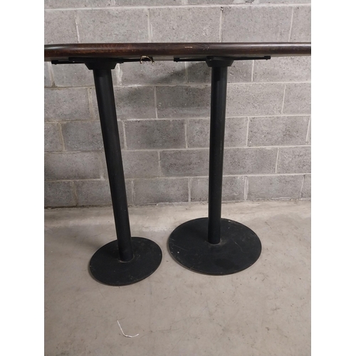 461 - Good quality high bar - pub table with solid wooden top on double metal base {110 cm H x 136 cm W x ... 