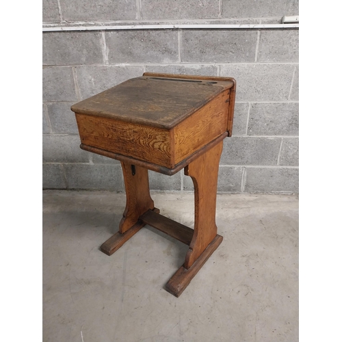 462 - 1950s pitch pine school desk {92 cm H x 52 cm W x 51 cm D}.