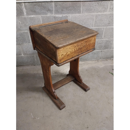 462 - 1950s pitch pine school desk {92 cm H x 52 cm W x 51 cm D}.