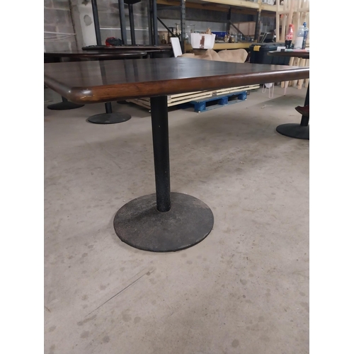 488 - Bar - cafe - pub - restaurant square table with hardwood top on metal base {79 cm H x 90 cm W x 90 c... 