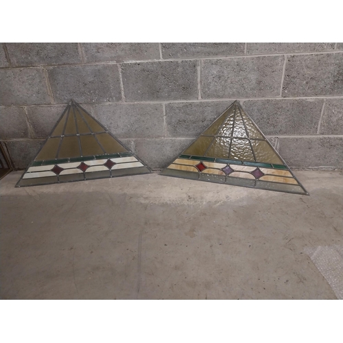 490 - Pair of leaded and stained glass triangular panels {50 cm H x 89 cm W x 1 cm D}.