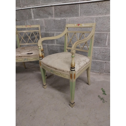 492 - Pair of good quality painted and gilded armchairs with upholstered seats raised on square tapered le... 