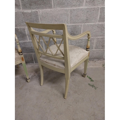 492 - Pair of good quality painted and gilded armchairs with upholstered seats raised on square tapered le... 