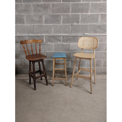 493 - Three high pine bar - pub stools {110, 104, 72  cm H x 40, 38, 30 cm W x 50, 43, 33  cm D}.