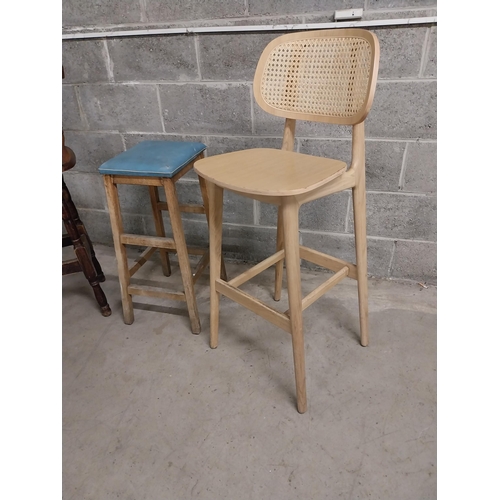 493 - Three high pine bar - pub stools {110, 104, 72  cm H x 40, 38, 30 cm W x 50, 43, 33  cm D}.