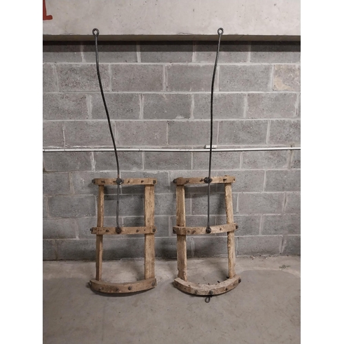 494 - Pair of 19th C. wrought iron and oak harrows {65 cm H x 60 cm W x 195 cm D}.