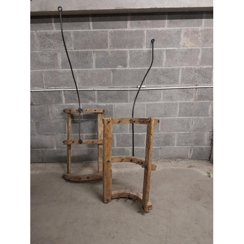 494 - Pair of 19th C. wrought iron and oak harrows {65 cm H x 60 cm W x 195 cm D}.