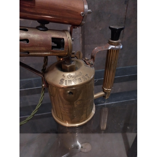 51 - Early 20th C. blow torch converted to table lamp in working order {26 cm H x 28 cm W x 12 cm D}.