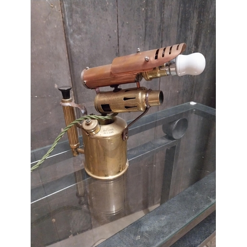 51 - Early 20th C. blow torch converted to table lamp in working order {26 cm H x 28 cm W x 12 cm D}.