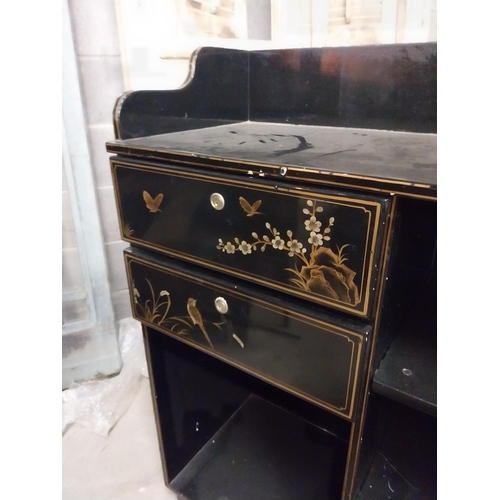 510 - Japanese lacquered receptionists desk decorated with lotus flowers and birds {112 cm H x 92 cm W x 4... 