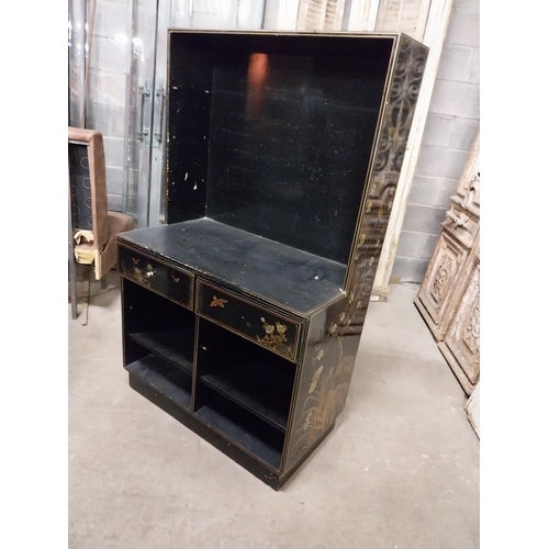 513 - Japanese lacquered office cabinet with two drawers above open shelves decorated with lotus flowers a... 