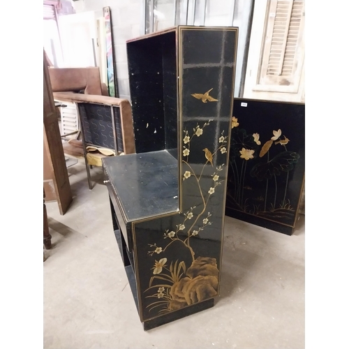 513 - Japanese lacquered office cabinet with two drawers above open shelves decorated with lotus flowers a... 