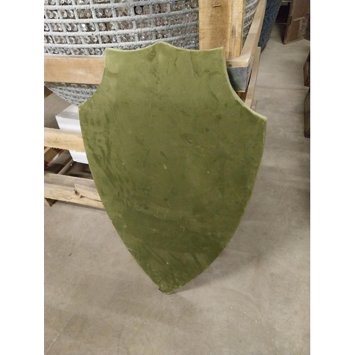 519 - Crushed velvet and pine wall mounted shield {86 cm H x 56 cm W x 3 cm D}.