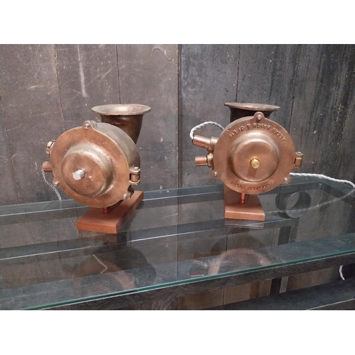 52 - Pair of bronze ship horns converted to table lamps in working order{23 cm H x 23 cm W x 26 cm D}.