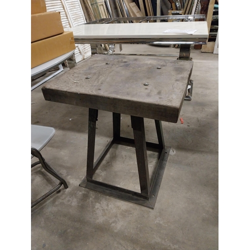 520 - 1950s wooden butchers table on wrought iron stand {74 cm H x 70 cm W x 58 cm D}.