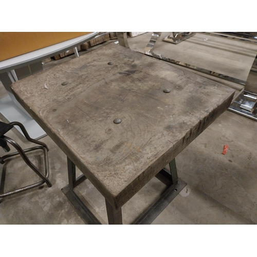 520 - 1950s wooden butchers table on wrought iron stand {74 cm H x 70 cm W x 58 cm D}.