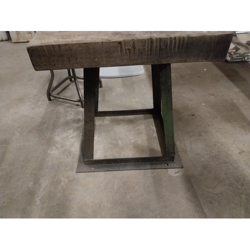 520 - 1950s wooden butchers table on wrought iron stand {74 cm H x 70 cm W x 58 cm D}.