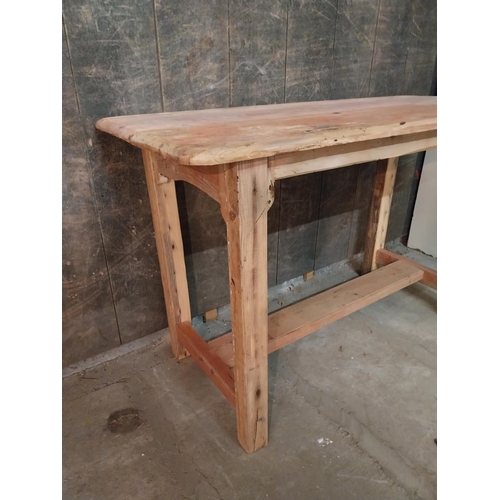 60 - Pine bar - cafe - pub - restaurant table raised on square legs and single stretcher {75 cm H x 117 c... 